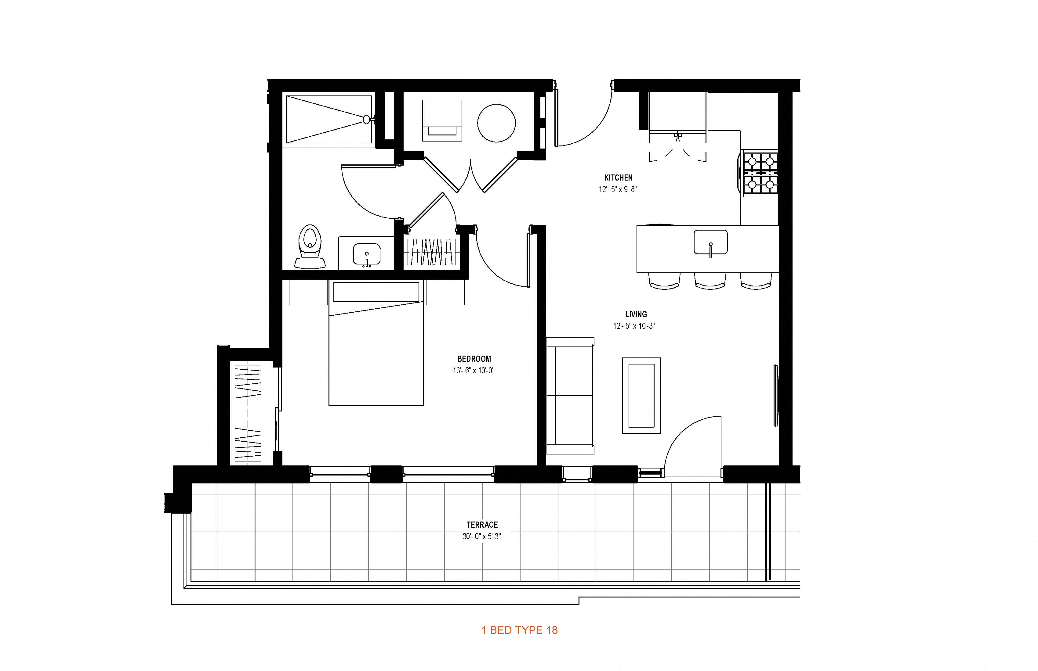 Floor plan for 1 bed, 1 bath, 590 sqft